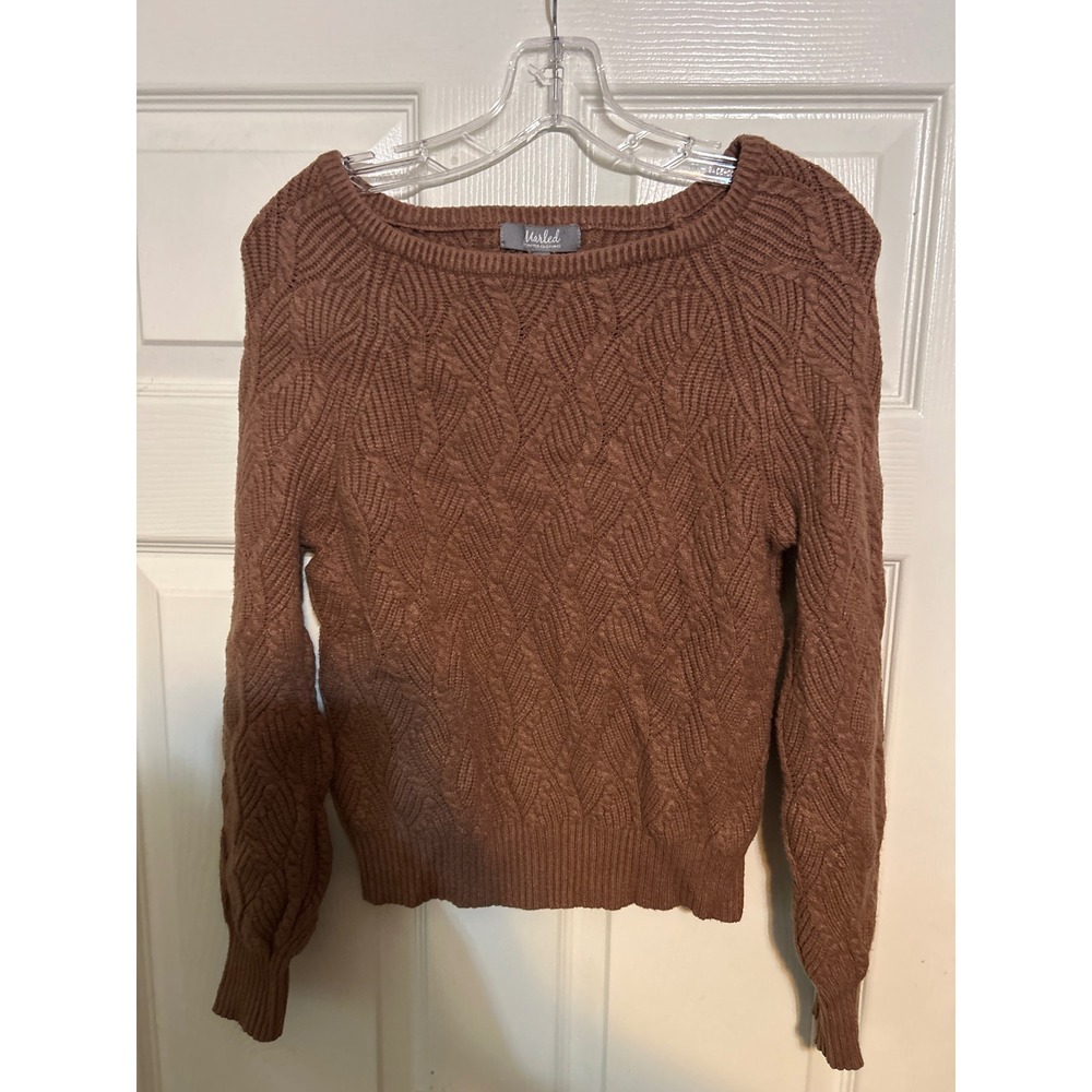 Marled Reunited Clothing Brown Textured Diamond Cable Knit Scoop Neck Sweater M‎